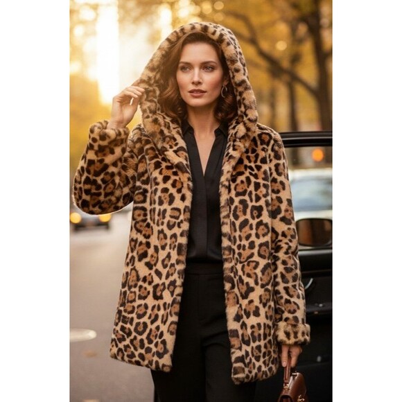 DESIGNER RTA ANIMAL PRINT RABBIT FUR HOODED LONG SLEEVE MIDI LENGTH SIZE XSMALL - Picture 16 of 16